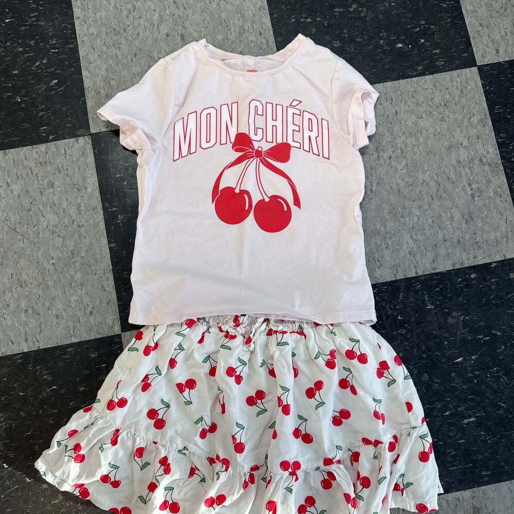 Girls Mon Cheri Cherry Graphic T-Shirt and Skirt Set